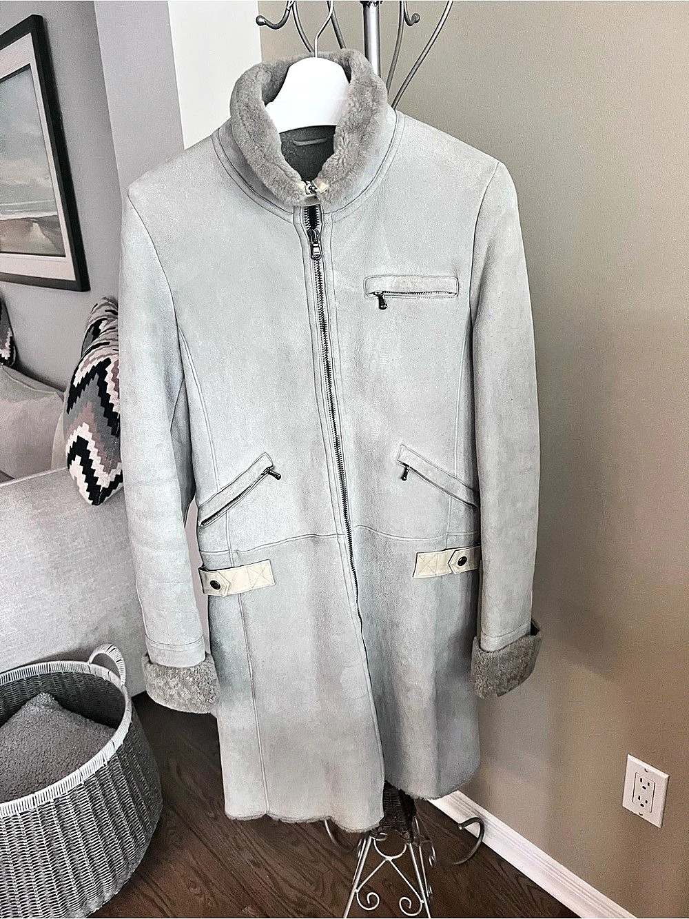Patrizia Pepe Shearling Suede Long Coat Gray Size 44